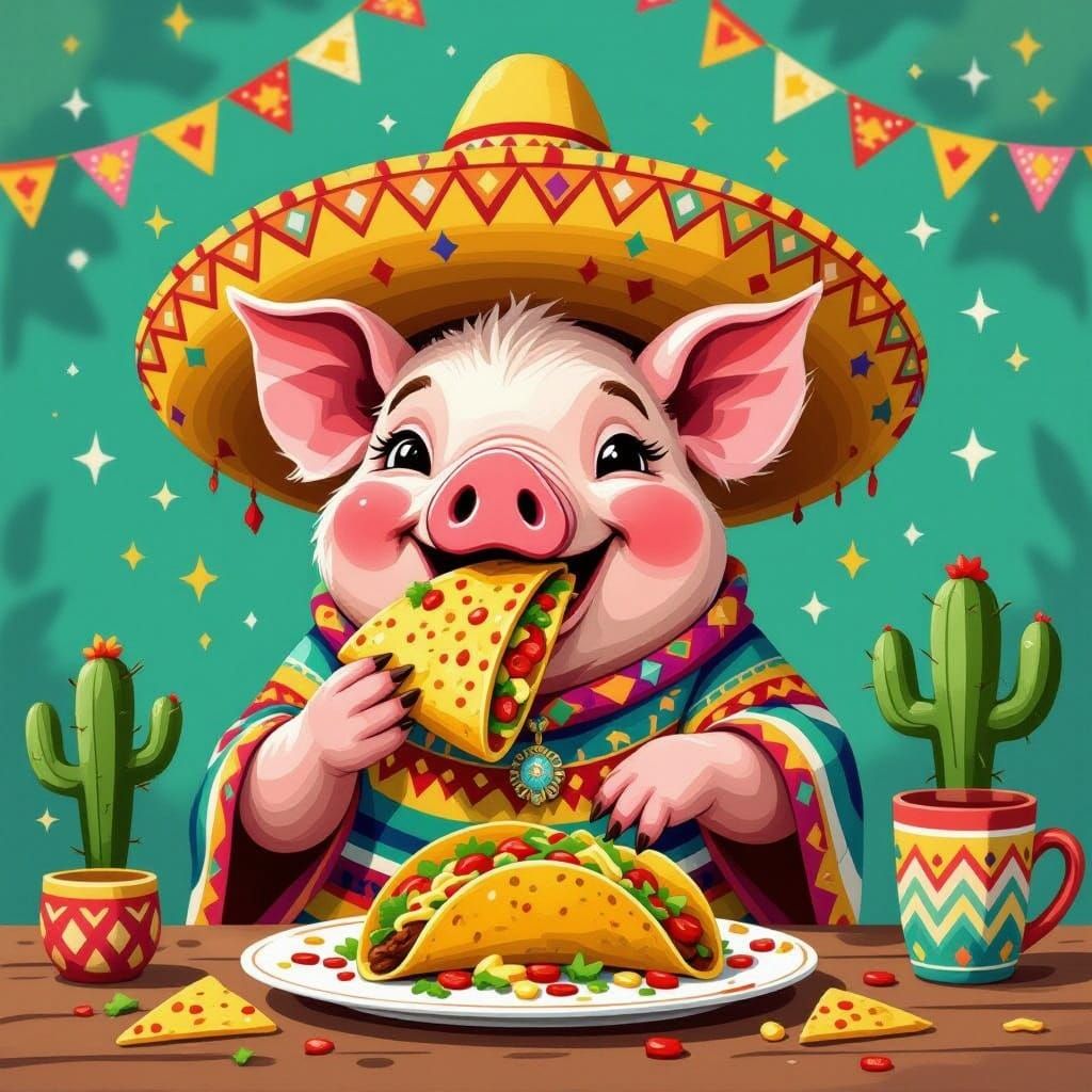 Joyful Pig with Sombrero Eating Tacos