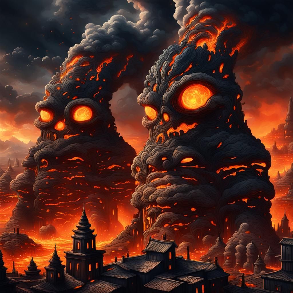Magma Creature Towers Over City: Concept Art