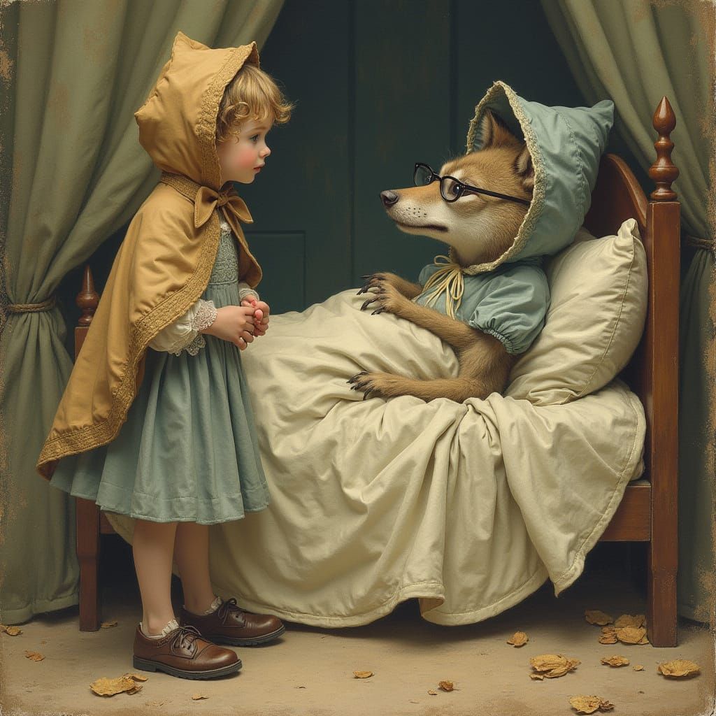 Girl and Wolf in Bed, Whimsical Fantasy Style