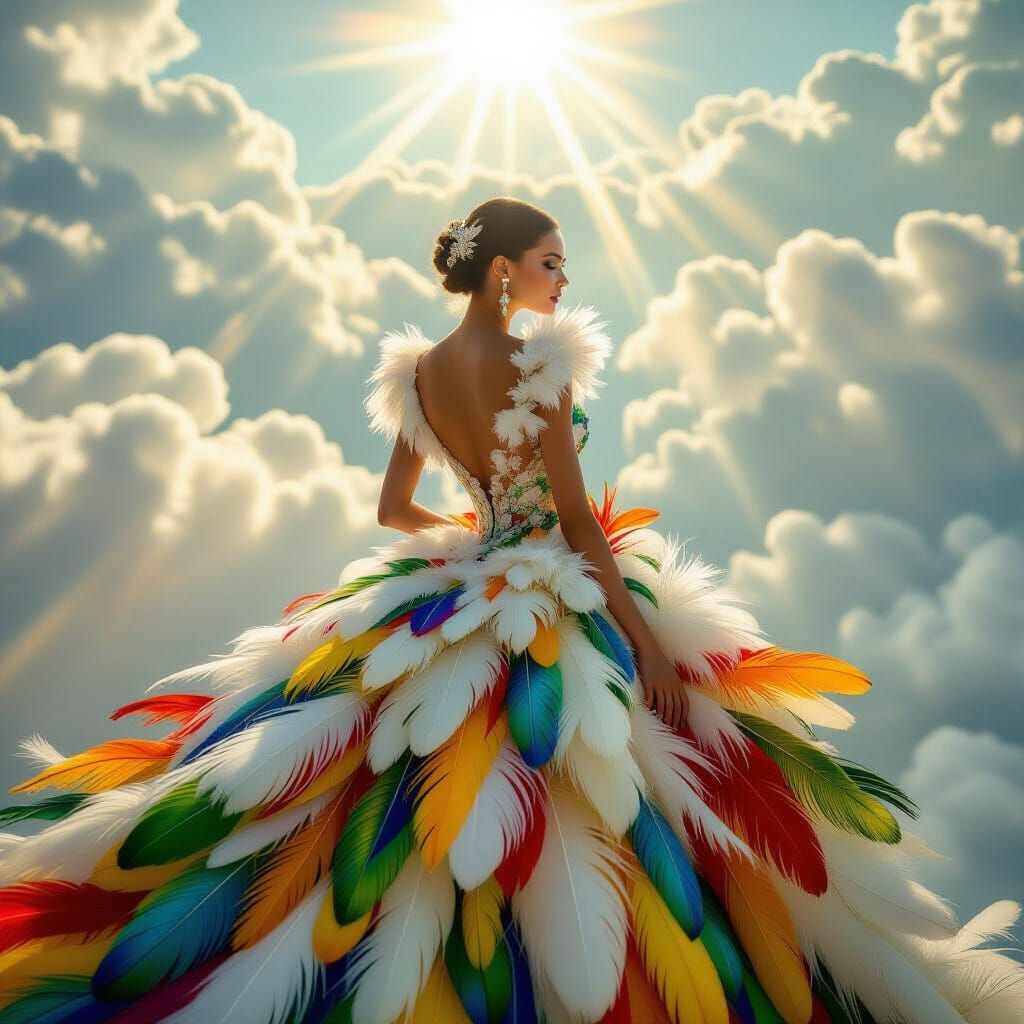 Haute Couture Parrot Feather Dress in Ethereal Light