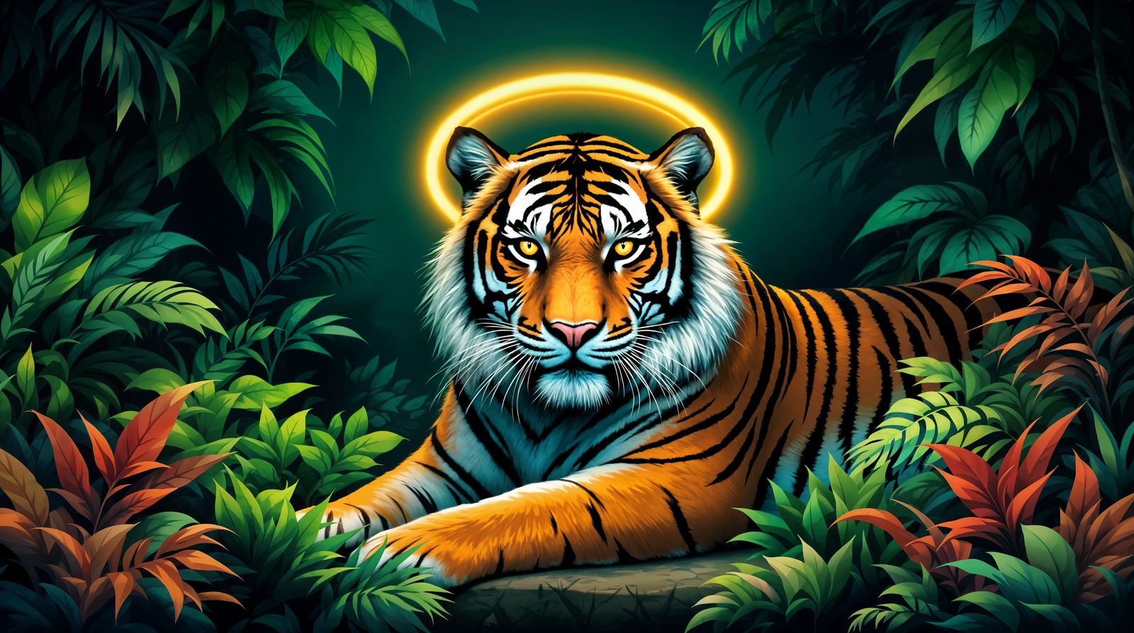 Stylized Tiger Portrait in Jungle Setting with Hyperrealisti...