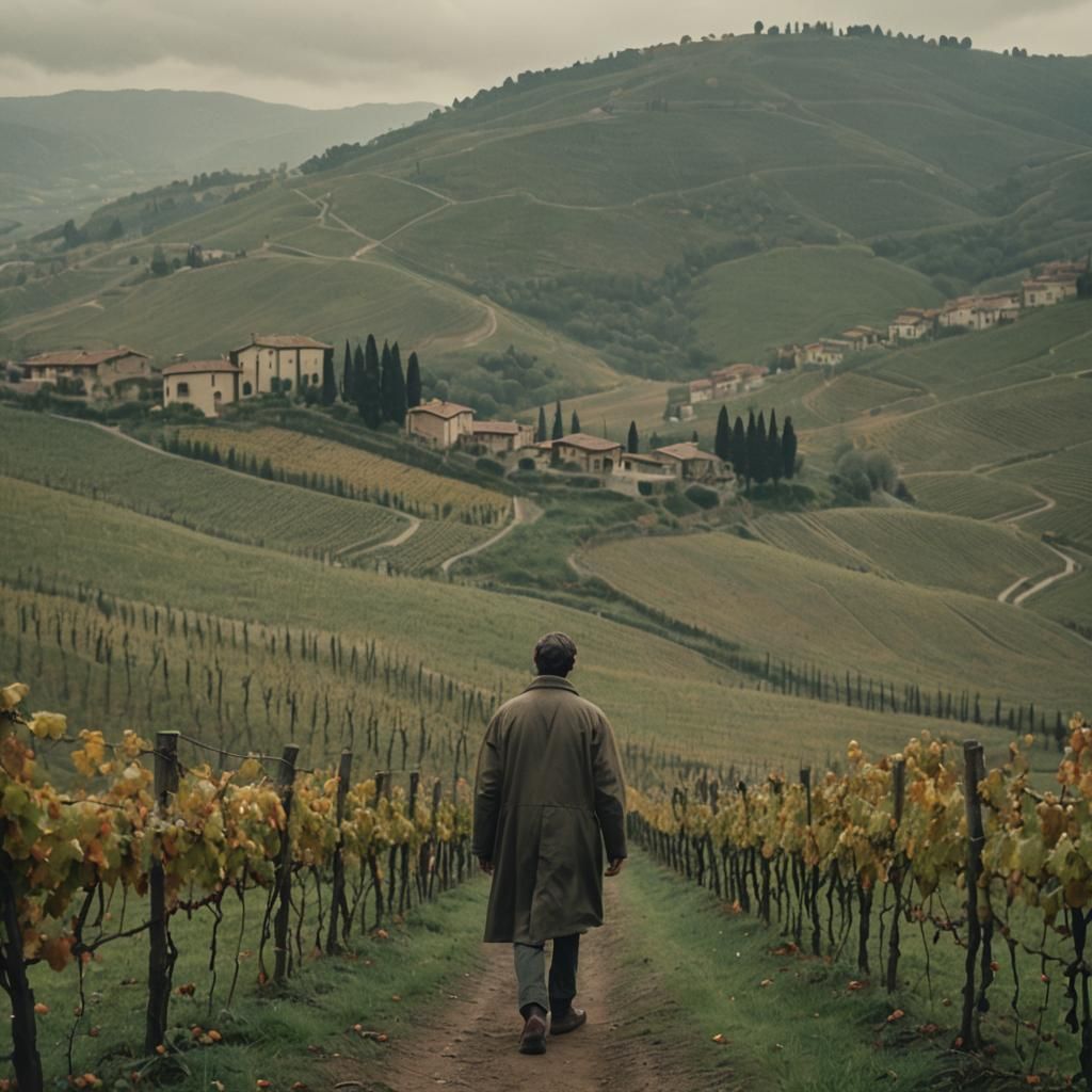 Autumnal Figure in Italian Hills: Cinematic Film Still