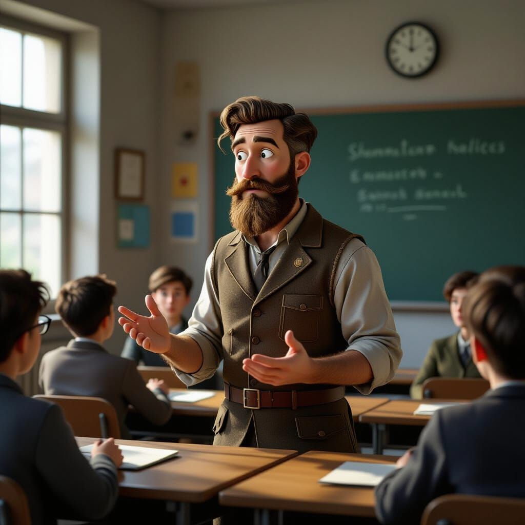 Melancholy Teacher in Pixar-Inspired WW2 Classroom