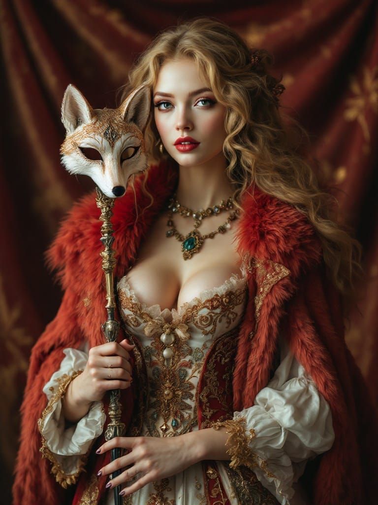 Baroque Woman with Fox Mask in Opulent Style