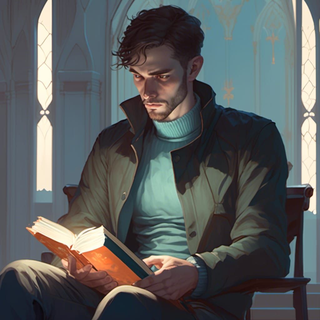 Anxious Man in Shadows Holding Book, Digital Art