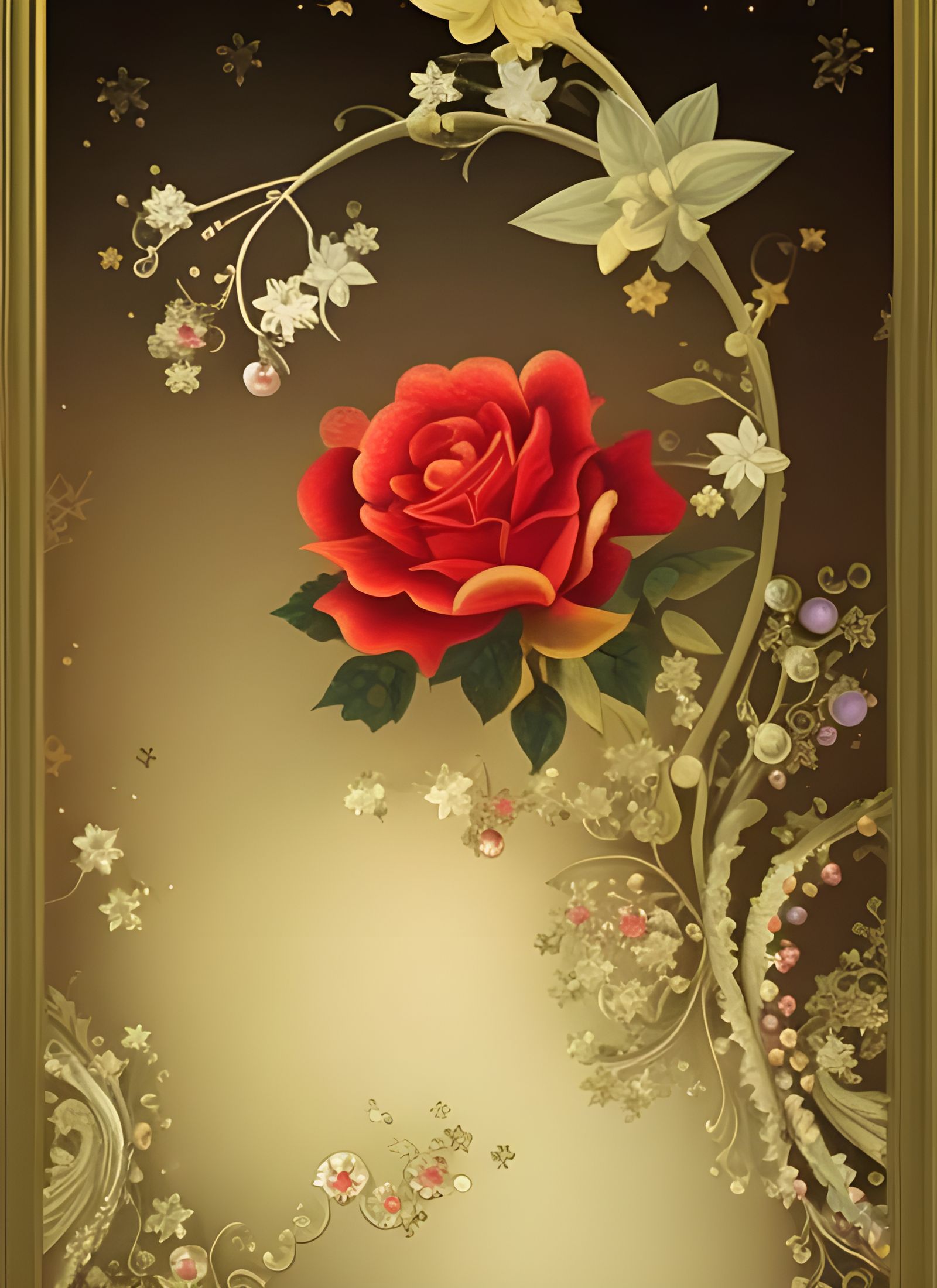 Magical Rose with Crystals and Fireflies: Fantasy Artwork