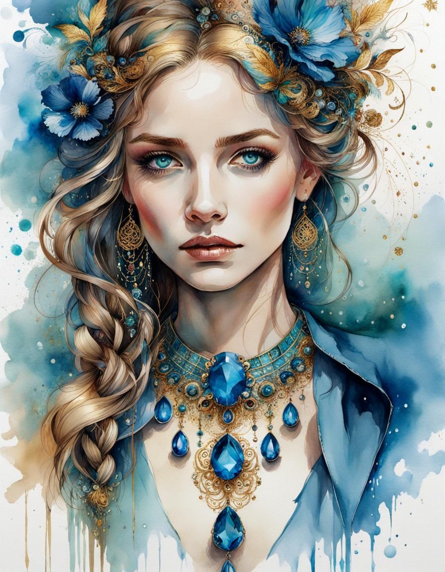 Woman's Sparkling Gem Necklace in Watercolor Style