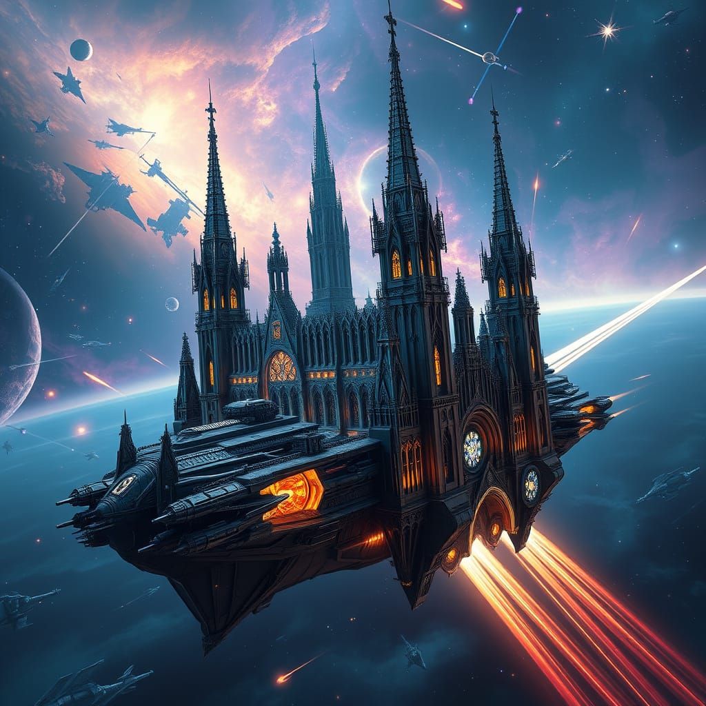 A majestic cathedral, bristling with gun ports and gothic sp...