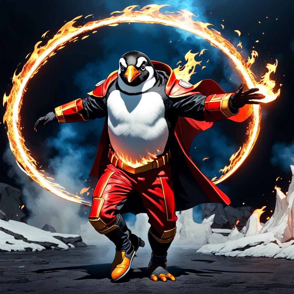 Fiery Penguin Superhero in Action