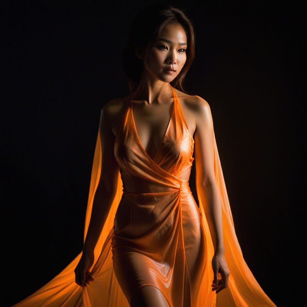 Asian Woman Radiates Orange Glow in Dark Room