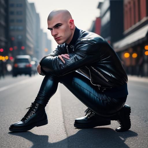 Man in Leather Trousers Kneeling on Street