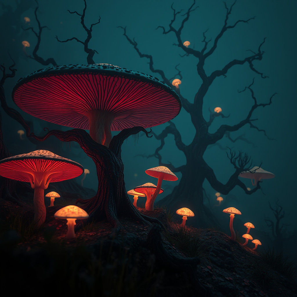 Surreal Glowing Mushrooms in a Dystopian Landscape