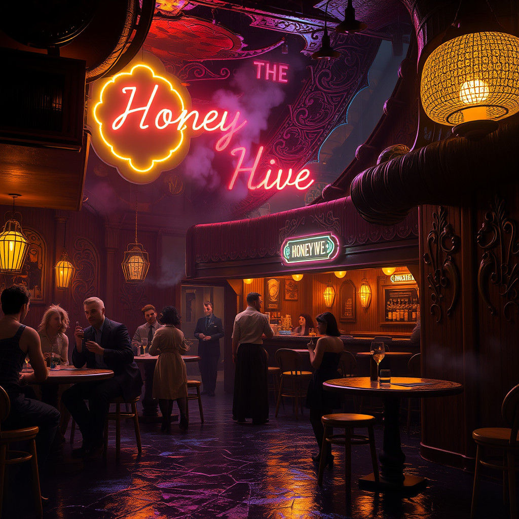 Fantasy 50s Honey Bee Dive Bar in Art Nouveau Style