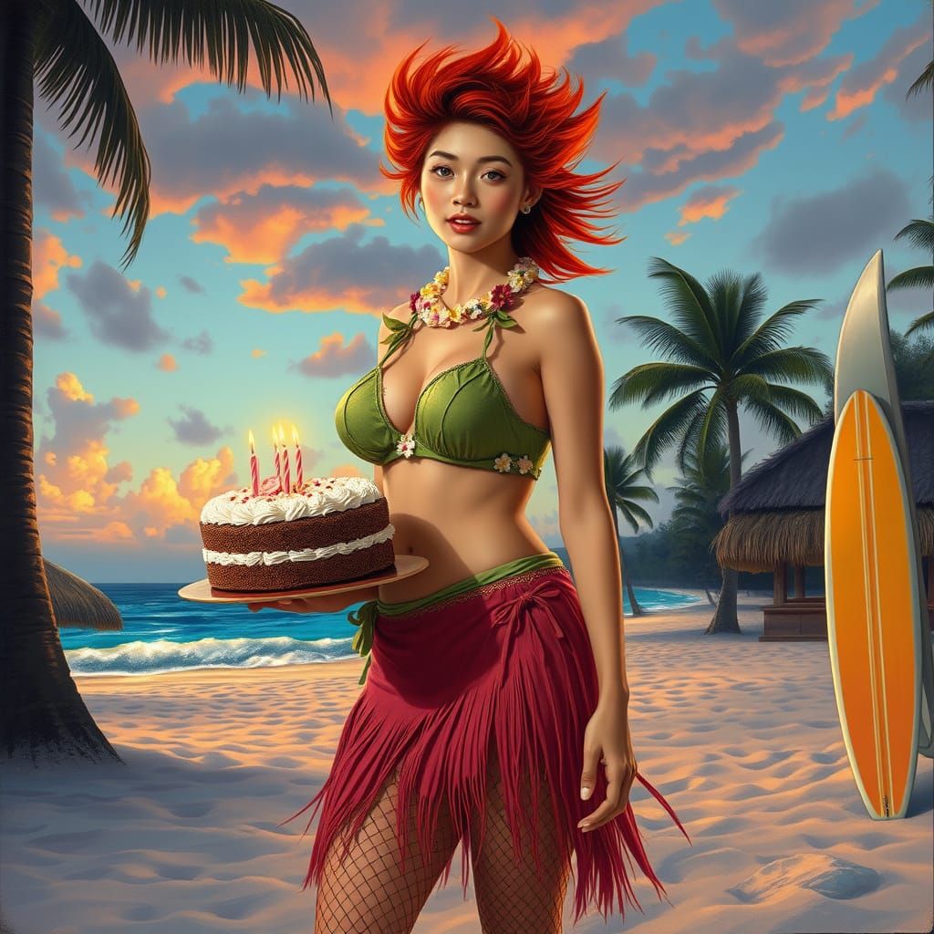 Hawaiian Sunset Woman with Red Hair, in Eerie Style