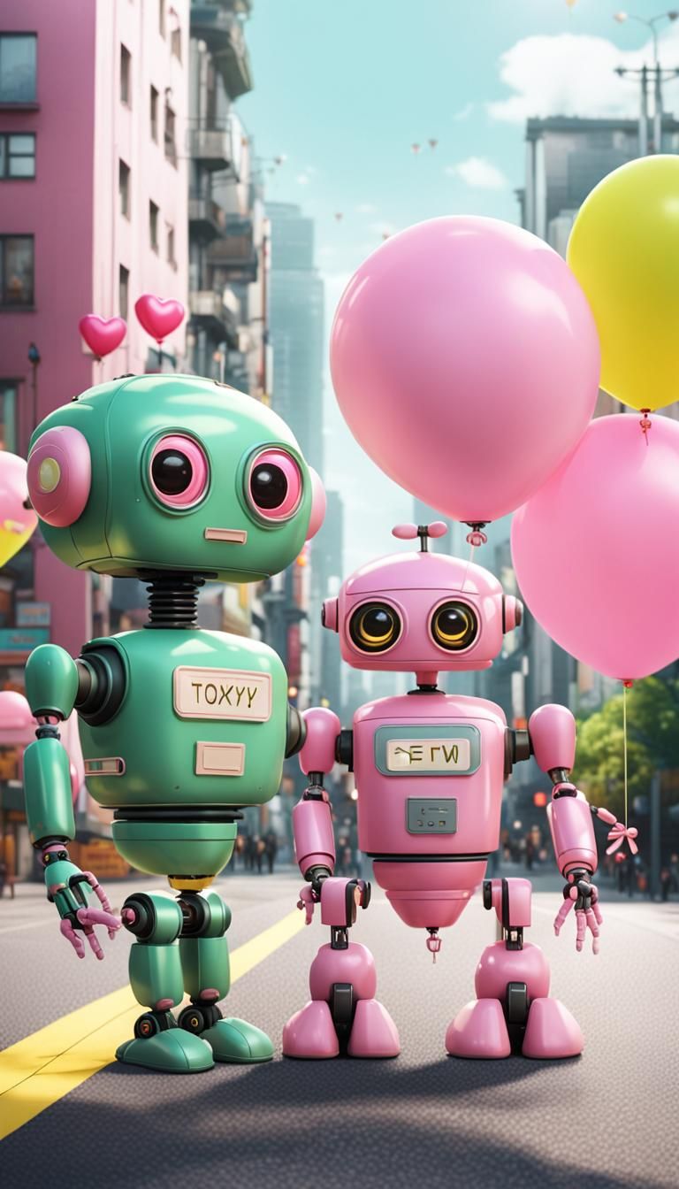 Robots Holding SFW Sign in Tokyo-Style City