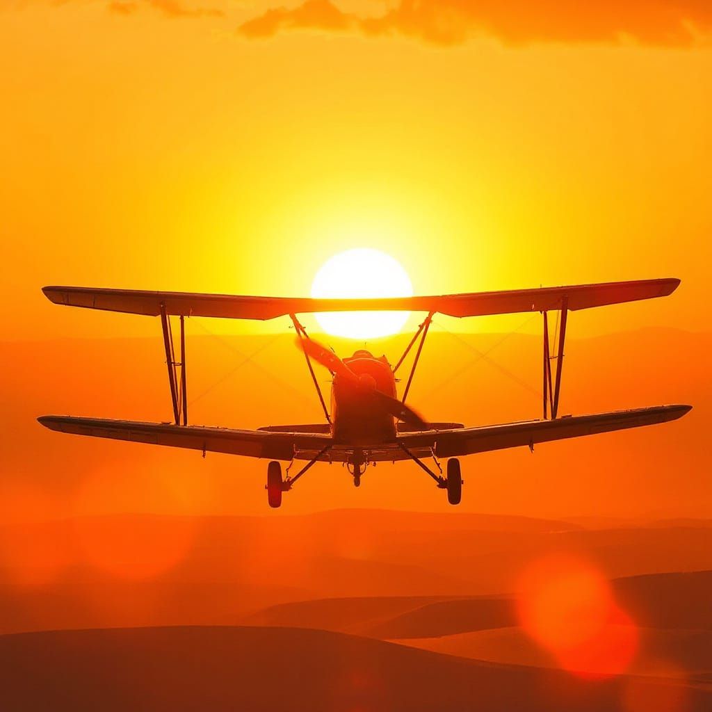 Biplane Silhouette Against Desert Sunrise, Retro-Futuristic ...