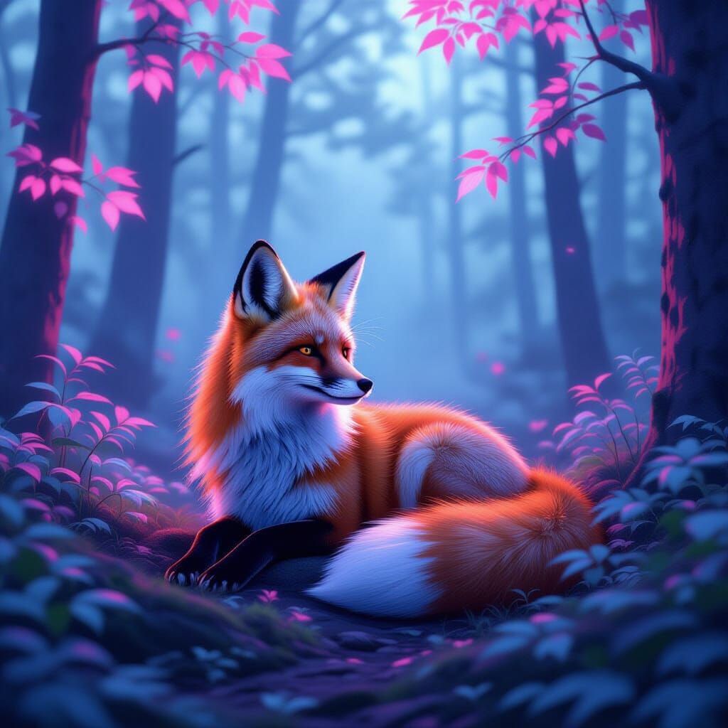 Neon Fox in Zen Garden: Cyberpunk Style