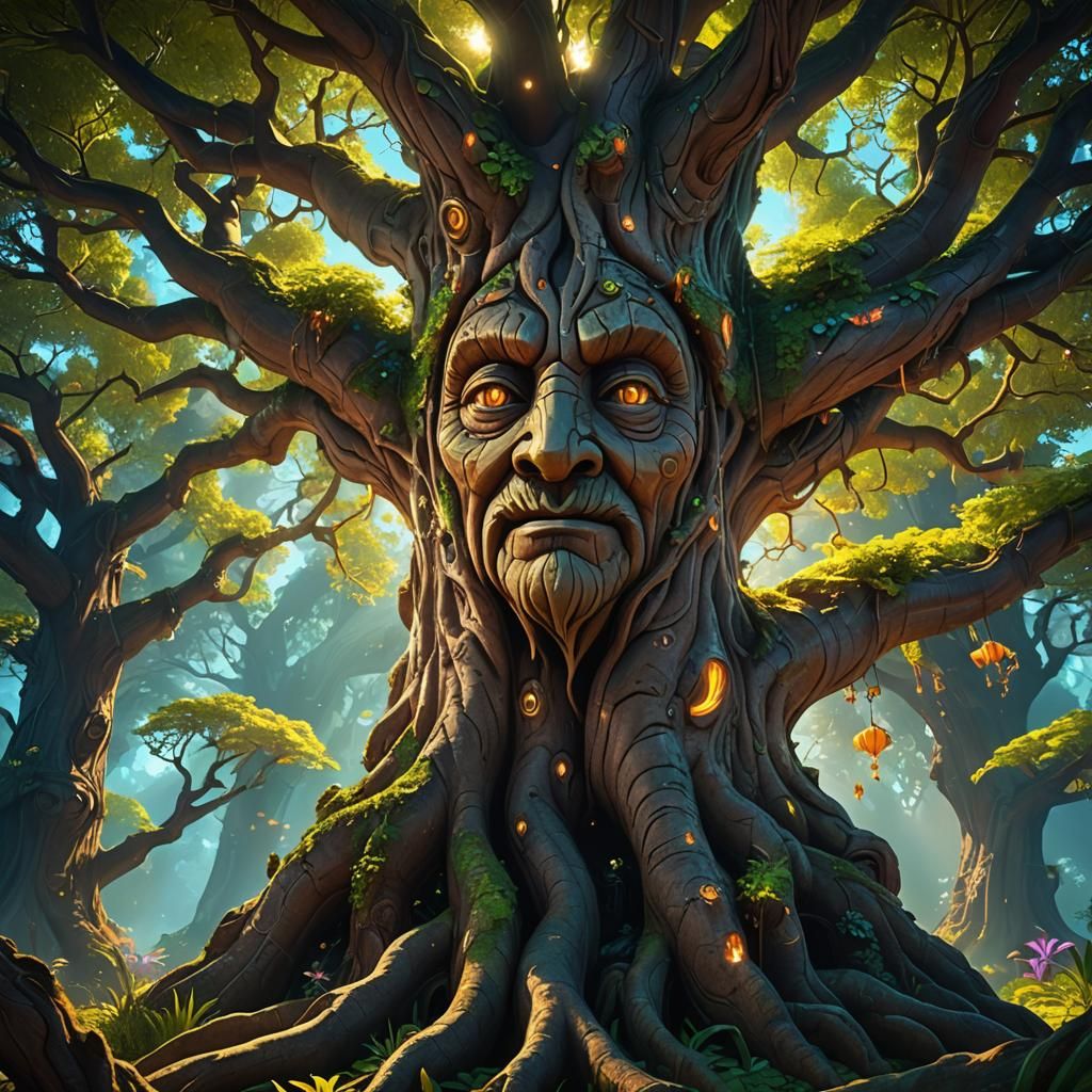 Friendly Ancient Tree with Glowing Aura in Cartoon Style