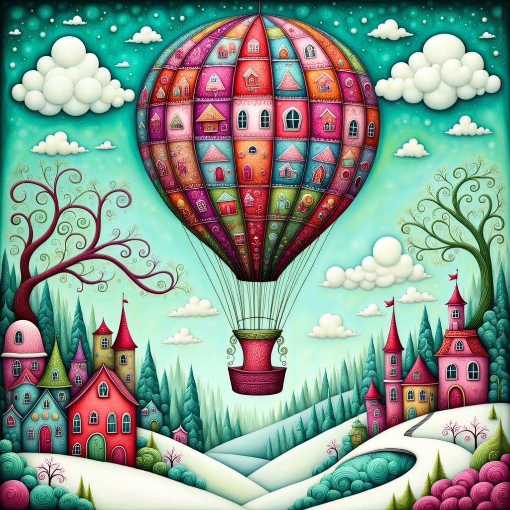 Whimsical Christmas Balloon Above Cozy Town