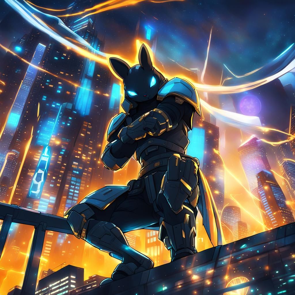Armored Rabbit on Futuristic Cityscape in Digital Art