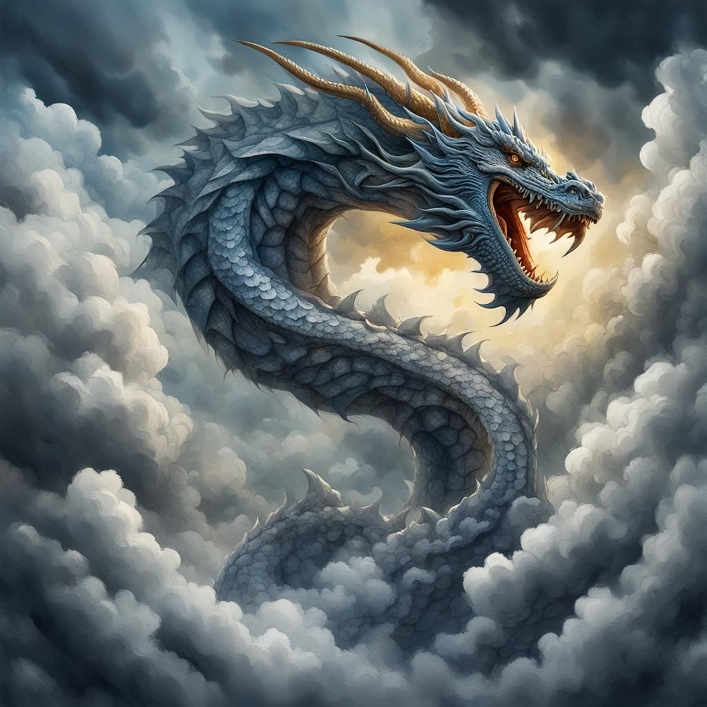 Mythical Dragon Emerges from Stormy Watercolor Sky