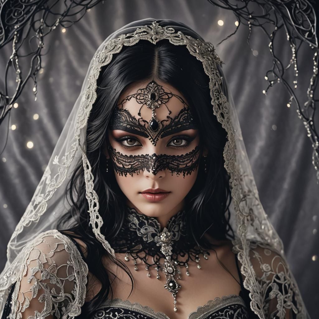 Mysterious Woman in Black Lace Mask