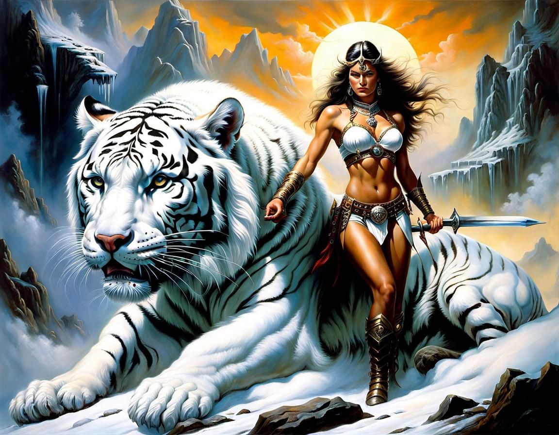 Fantasy Warrior with Siberian Tiger Oil Painting
