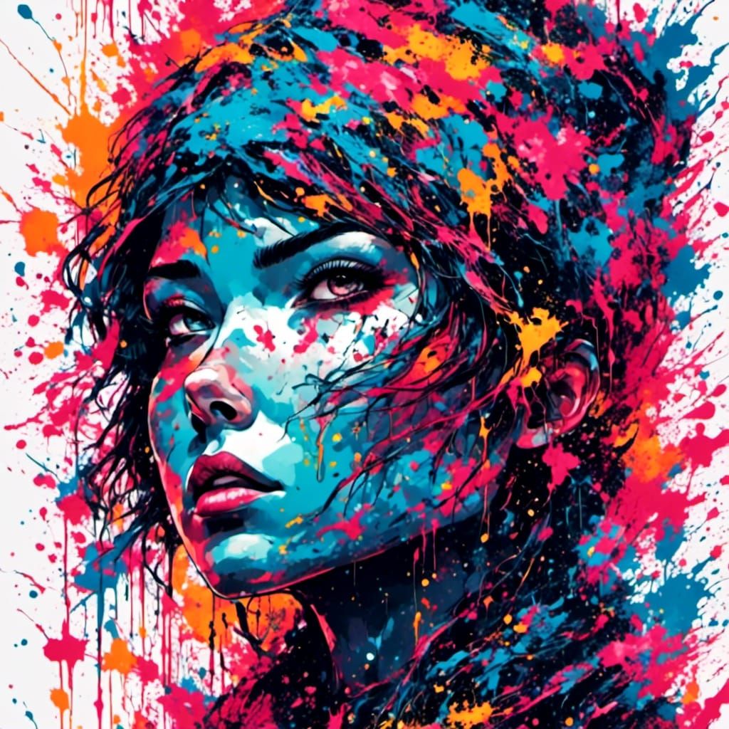 Neon Anime Portrait with Splatter Graffiti