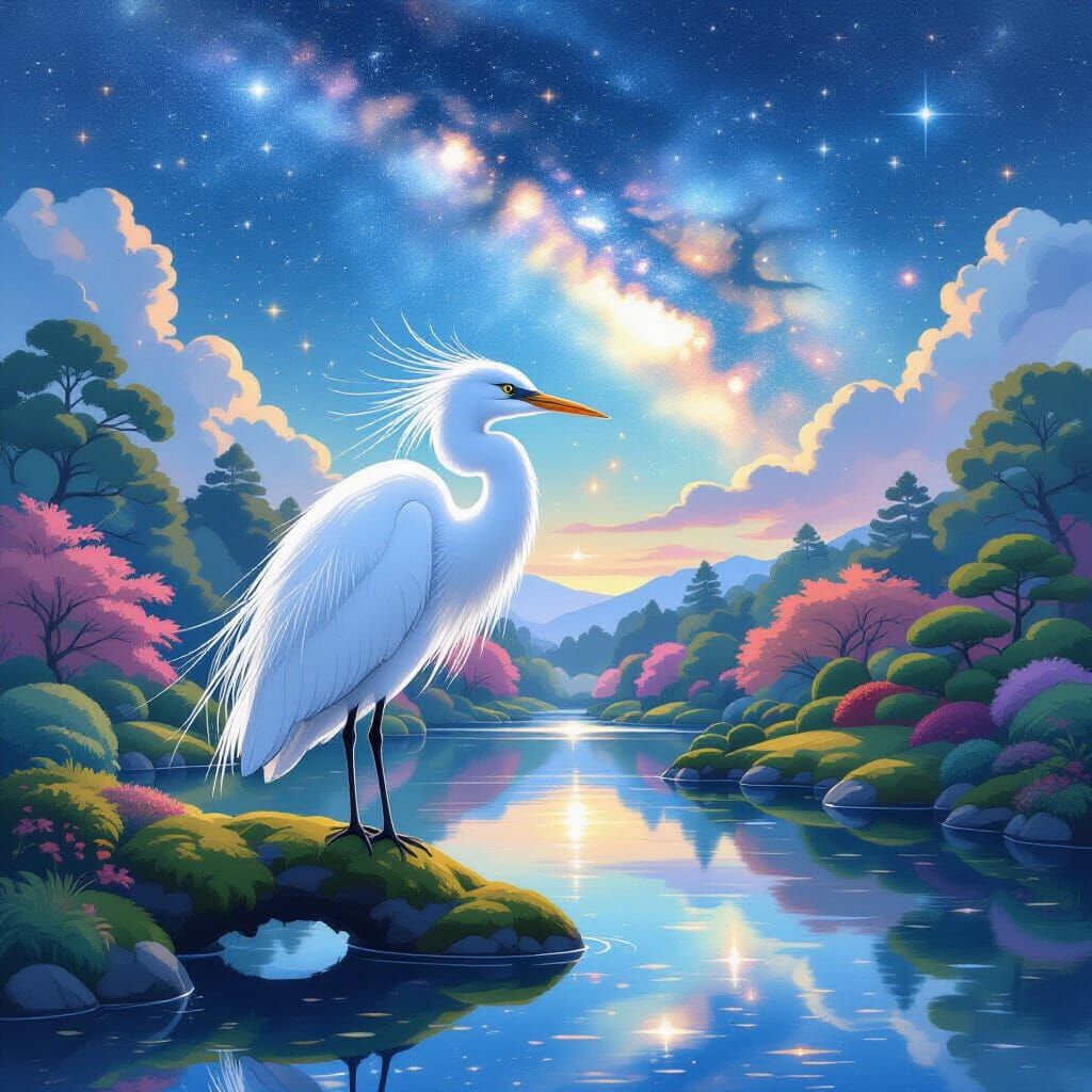 Nebula Egret in Japanese Garden: Ghibli Style