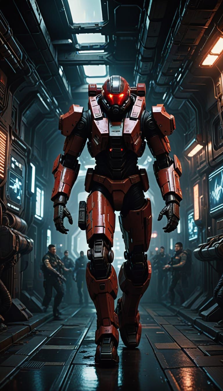 Cyberpunk Mech Warrior Emerges from Futuristic Space Tunnel