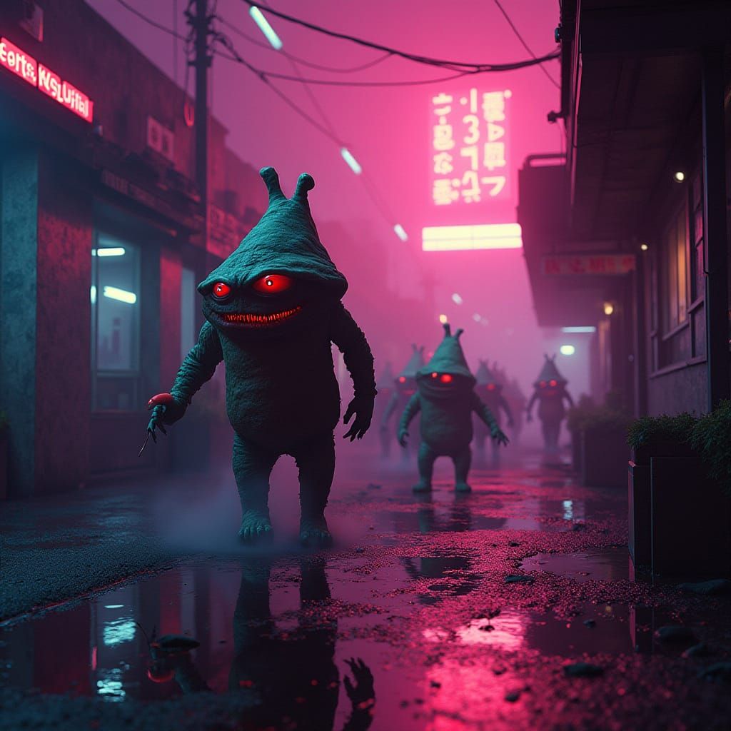 80s Horror Movie Scene with Killer Burritos in Neon-Lit Goth...