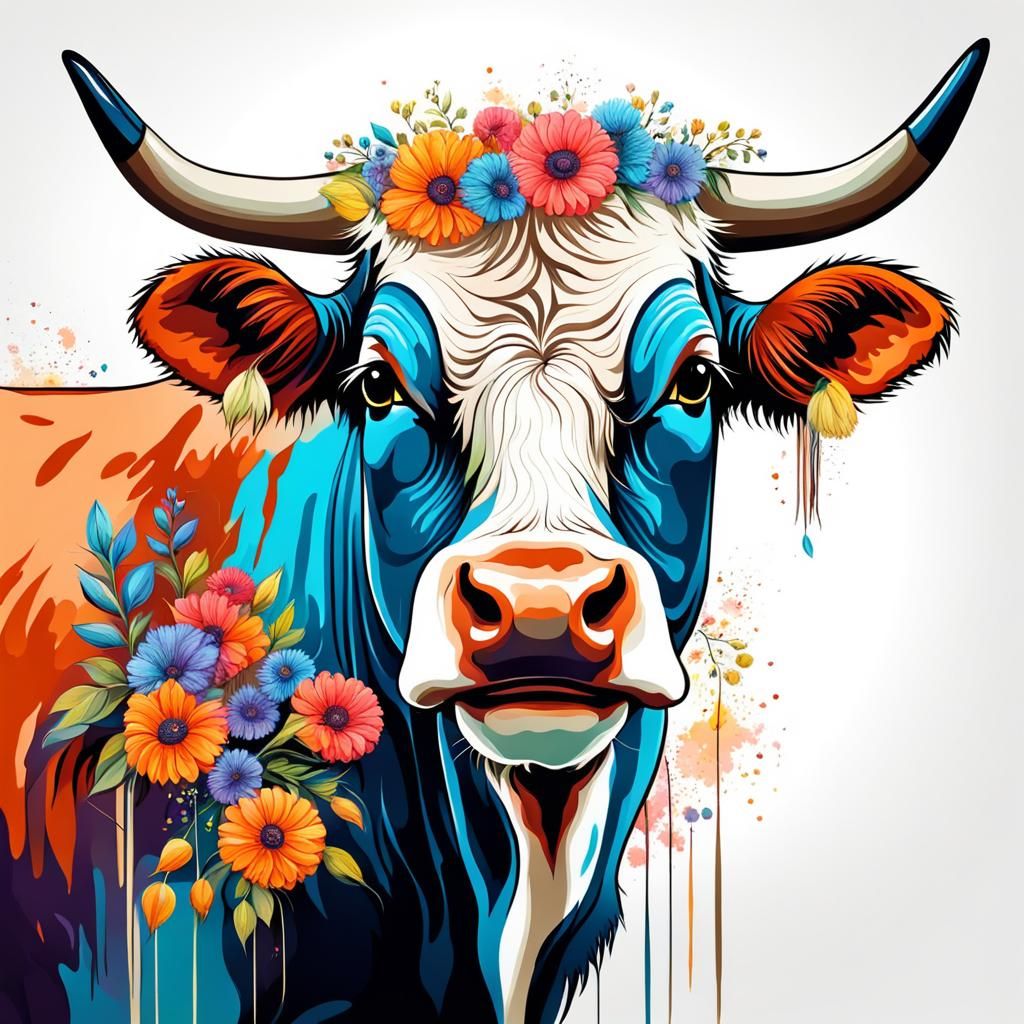Fluffy Cow with Floral Horns: Abstract Art
