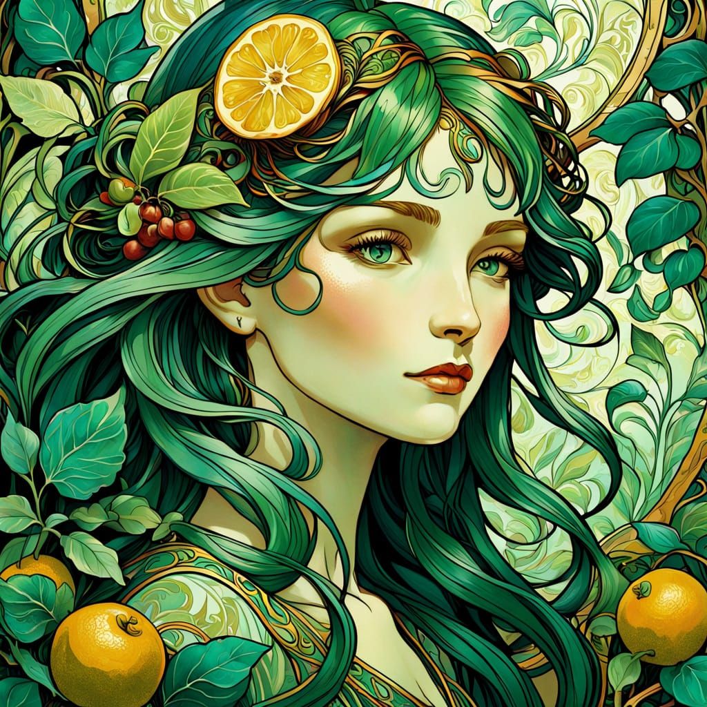 Ethereal Art Nouveau Gael Adorned with Intricate Fruit Patte...