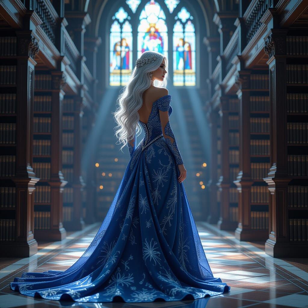 Celestial Woman in Grand Library, Digital Art