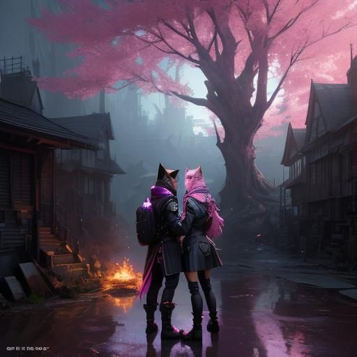 Anime Fox Girl Couple in Dark Fantasy Style