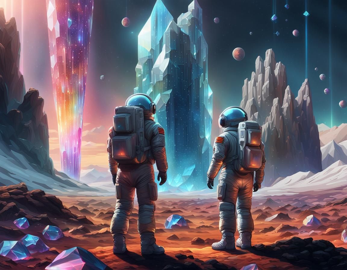 Astronauts at Crystal Edge: Sci-Fi Digital Art