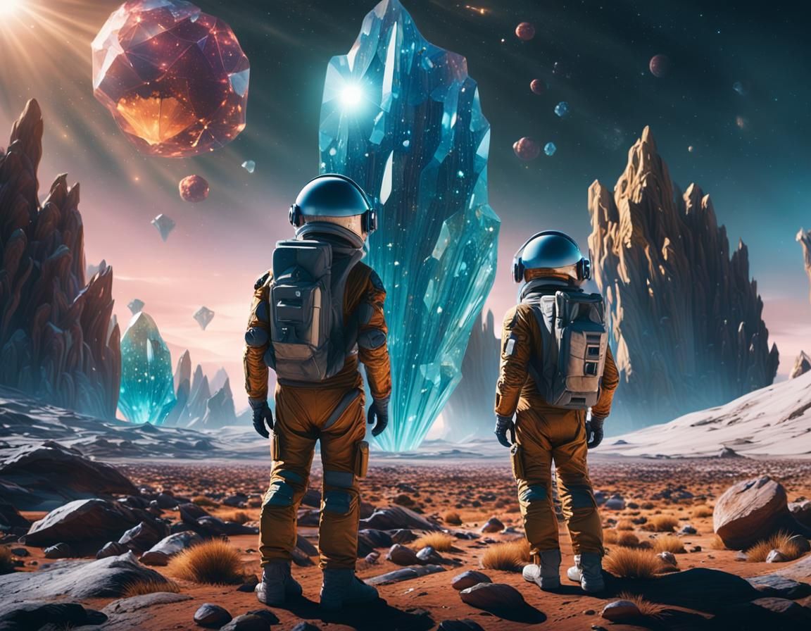 Astronauts Discovering Giant Crystals on Alien Planet