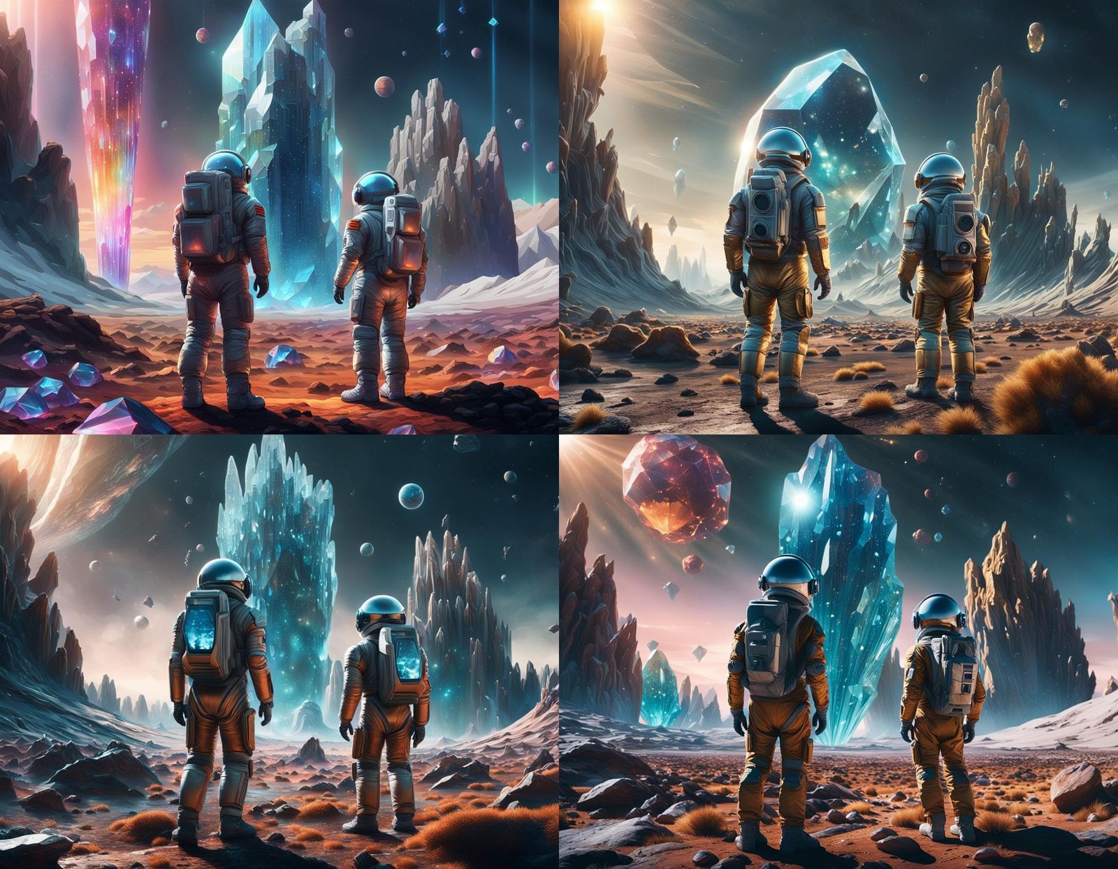 Alien Landscape with Giant Crystals and Astronauts