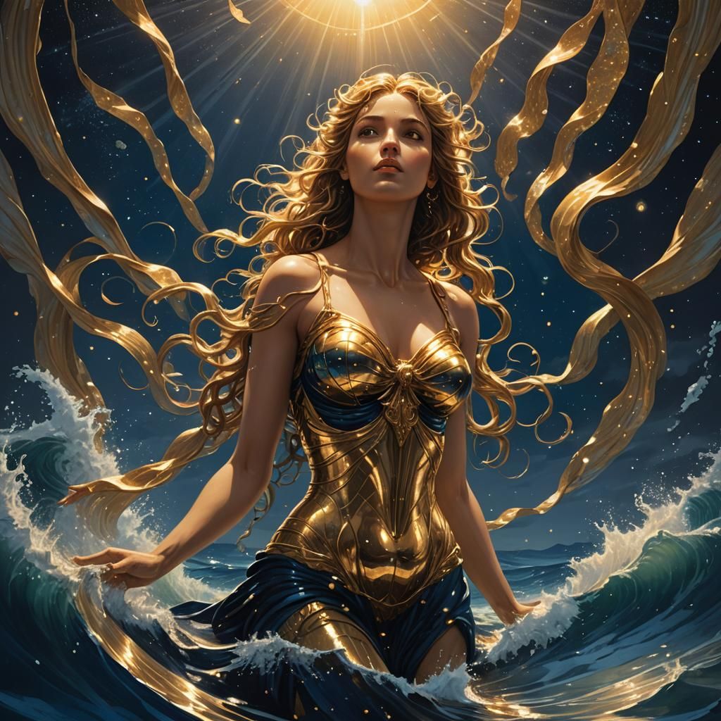 Aphrodite Rises: Olympian Goddess in Starry Sea