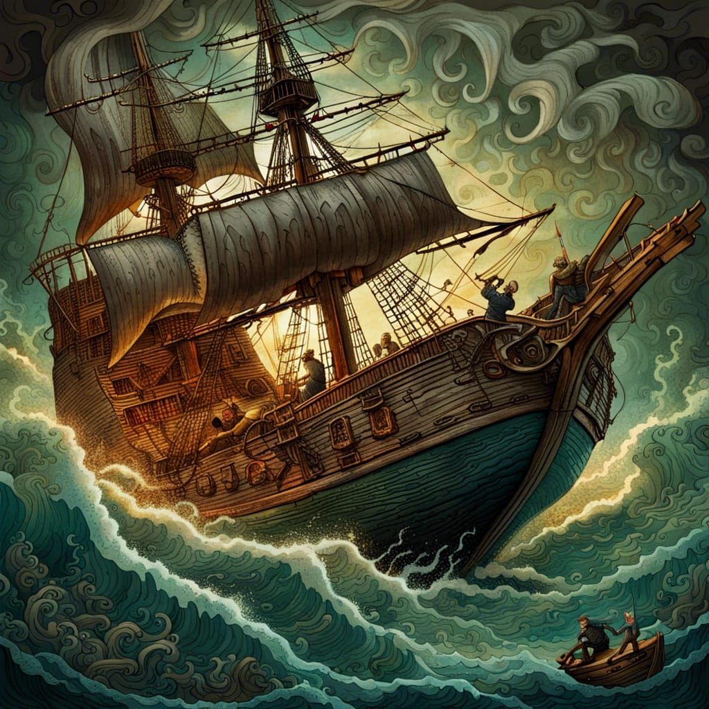 Moby Dick Attacks Ship: Storybook Watercolor