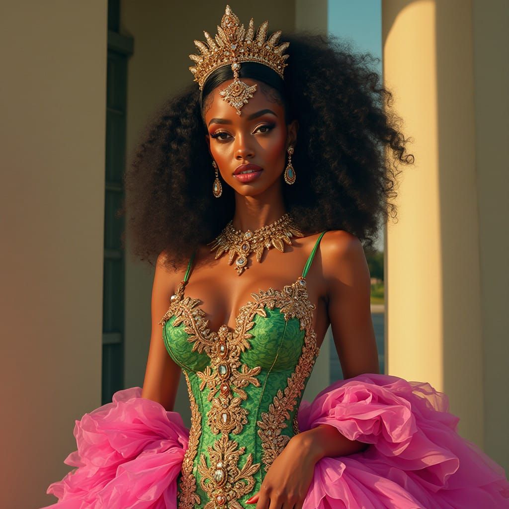 A Brown Queen in Vibrant Pink and Green Regalia