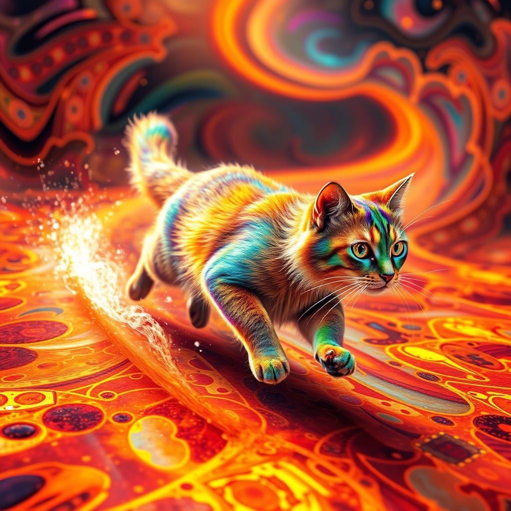 Vibrant Cat Sprints Down Magical, Lava-Like Runway