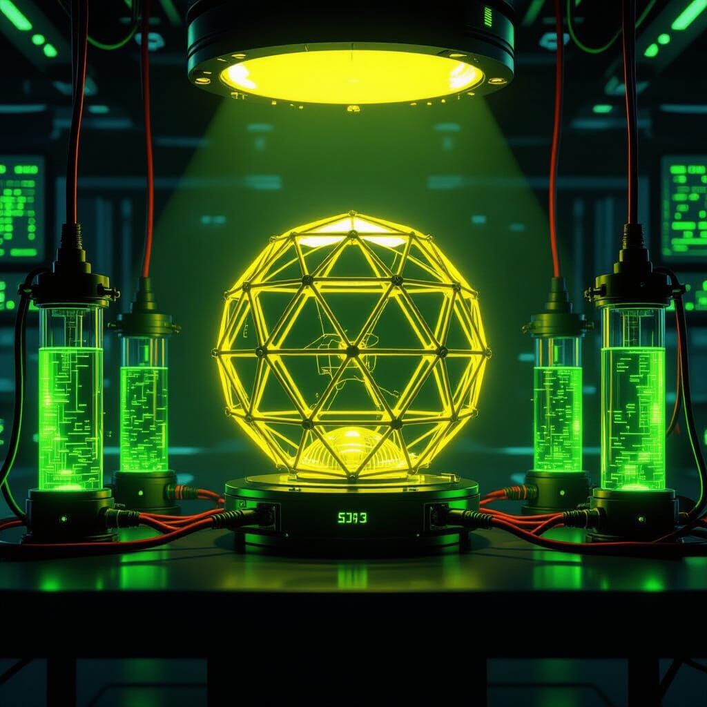 Futuristic Control Room with Glowing Sphere and Tech Equipme...