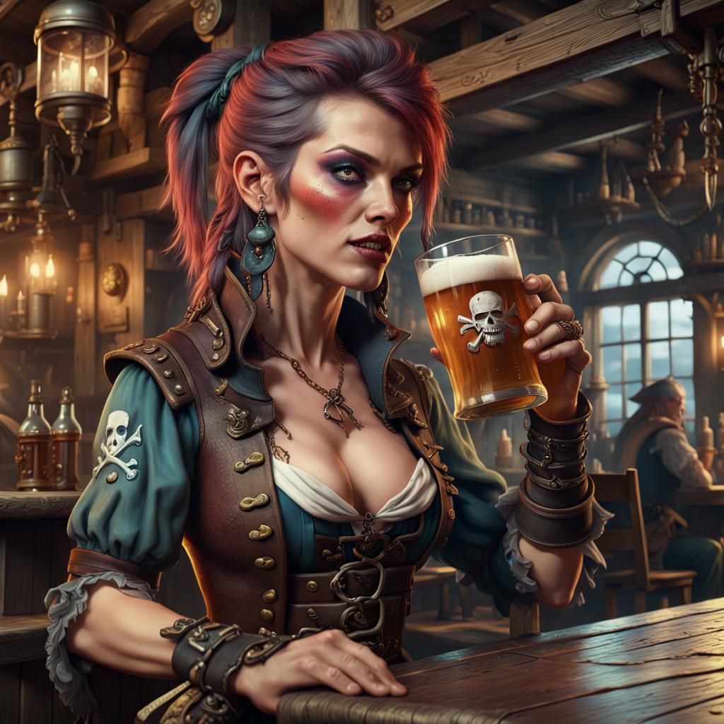 Punk Rock Pirate Drinks Ale: Detailed Digital Painting