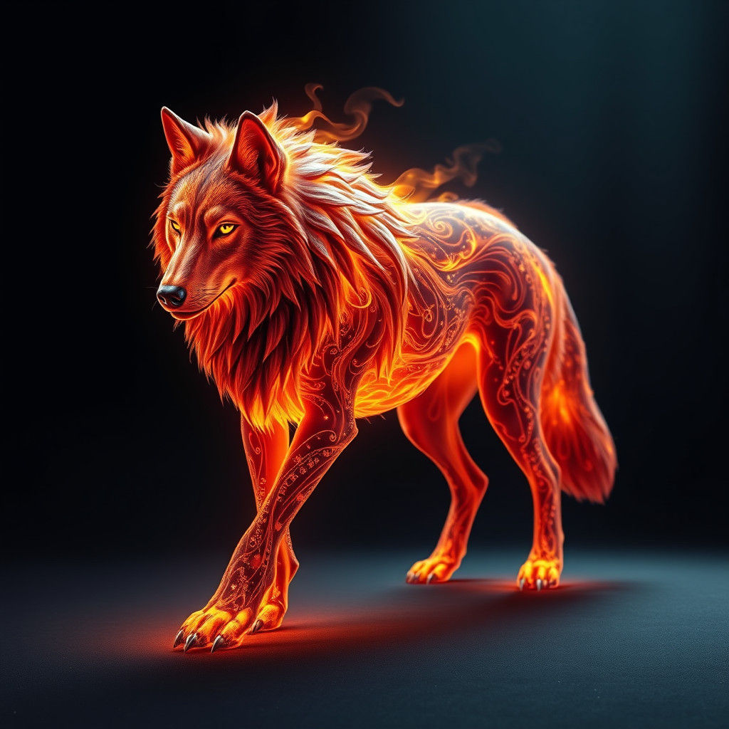 Majestic Fire Wolf Striding in a Dreamy Landscape