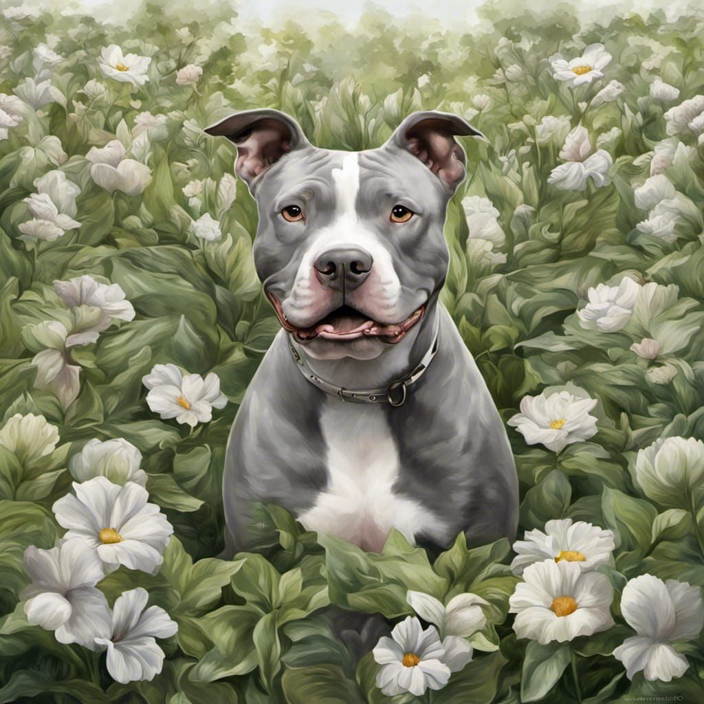 Gray Pitbull with White Blaze in Flower Field