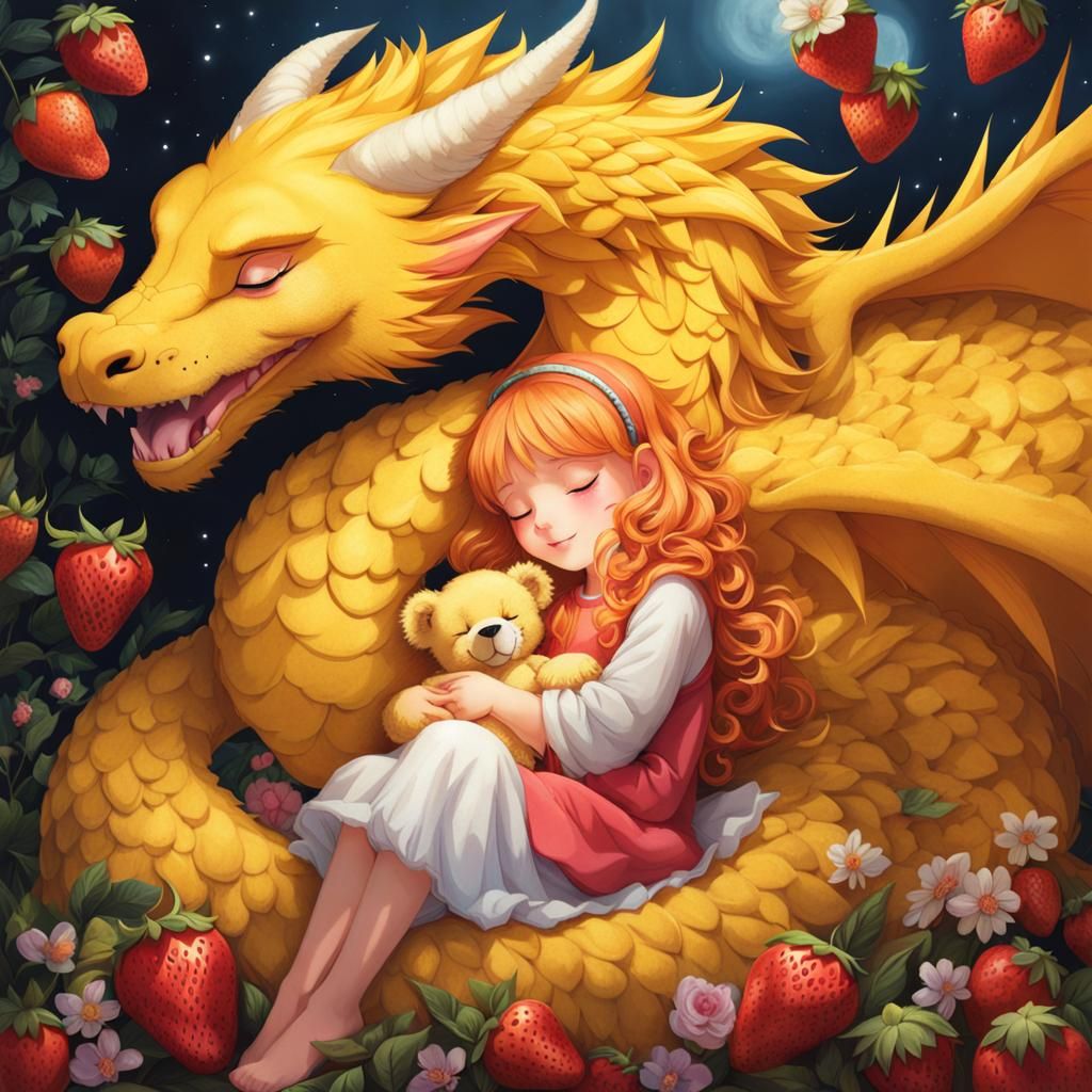 Girl Sleeping on Yellow Dragon with Teddy Bear