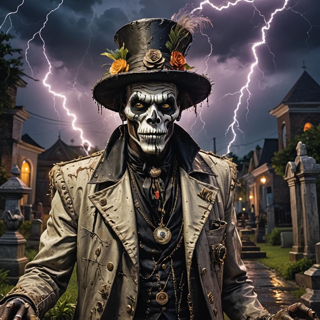 Baron Samedi Graveyard Scene, Hyperrealistic Splash Art