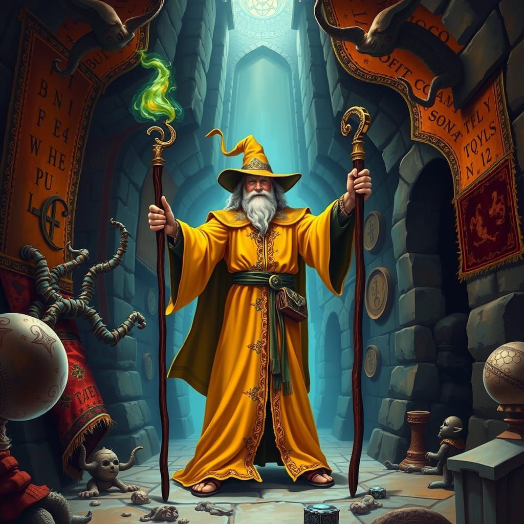 Surreal Wizard in Triadic Colors, Oil on Canvas, Dungeon Sce...