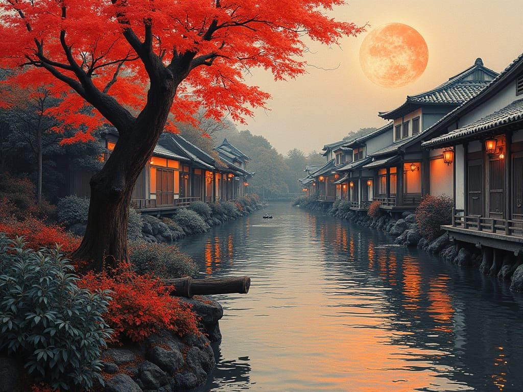 Futuristic Japan Landscape in Minimalist Geometry and Neon H...